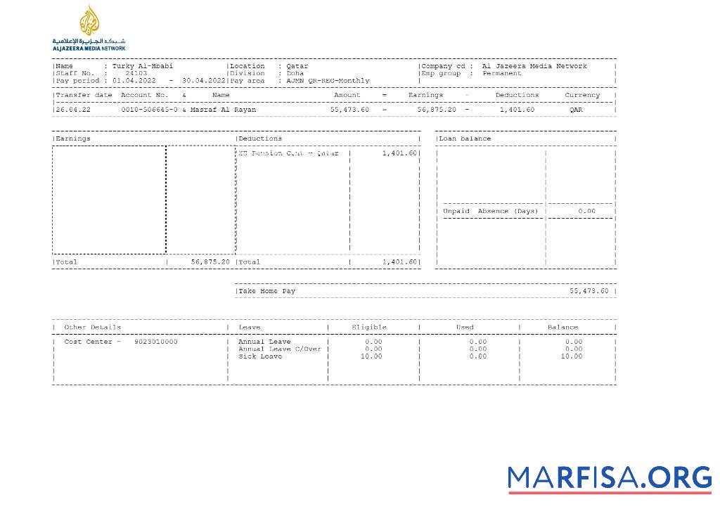 Blank Al Jazeera Media Network pay stub sample